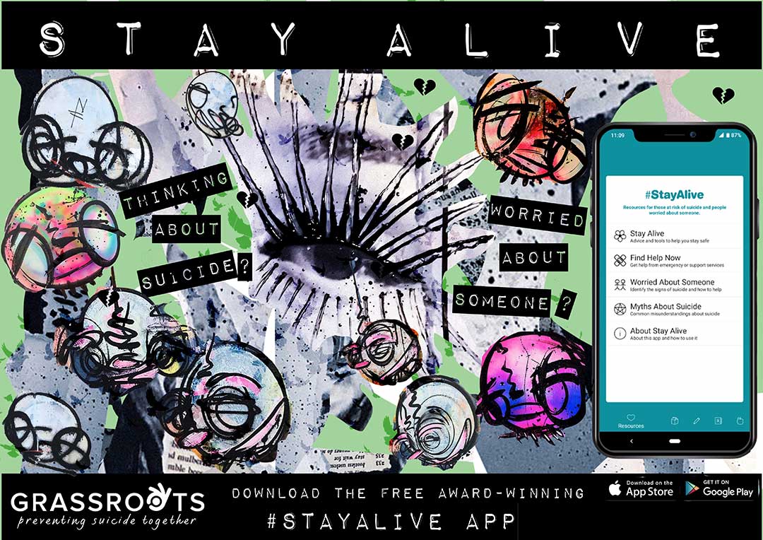 Street art image of an eye and a picture of the Stay Alive app