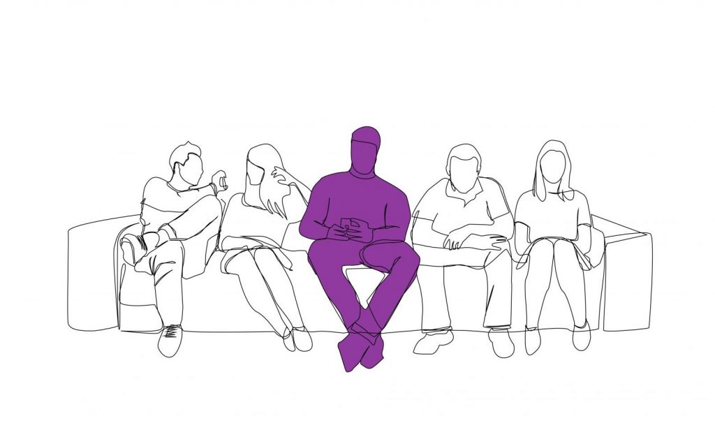 Outlines of 5 people sat on a sofa. One is coloured in purple.