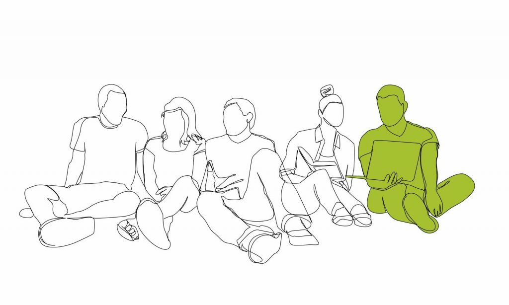 Outlines of 5 people sitting on the floor. One is coloured green.