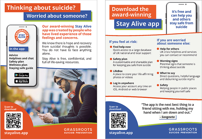 The Stay Alive app leaflet