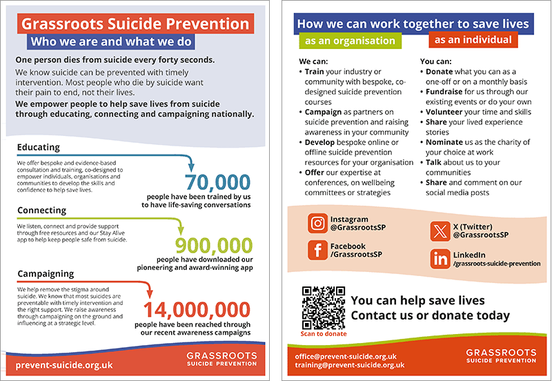Grassroots Suicide Prevention charity information leaflet