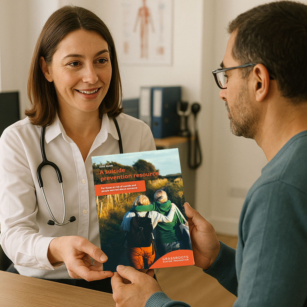 A female GP hands a male patient the Stay Alive booklet.